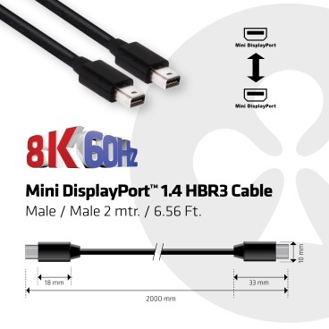 CLUB3D Mini DisplayPort 1.4 Cable HBR3 8K60Hz Male   Male 2 mtr.   6.56 Ft.