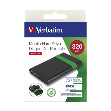 Verbatim 53110 disque dur externe 320 Go 5400 tr min 2.5" Micro-USB B 2.0 3.2 Gen 1 (3.1 Gen 1) Noir, Vert
