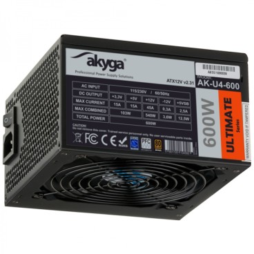 Akyga AK-U4-600 unité d'alimentation d'énergie 600 W 20+4 pin ATX ATX Noir