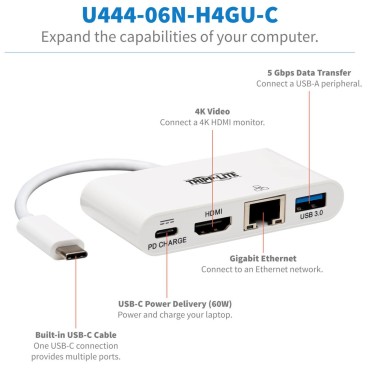 Tripp Lite U444-06N-H4GU-C câble vidéo et adaptateur USB Type-C USB Type-C + USB Type-A + HDMI Blanc