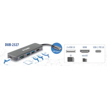 D-Link Hub USB-C 6-en-1 avec HDMI lecteur de carte alimentation DUB-2327