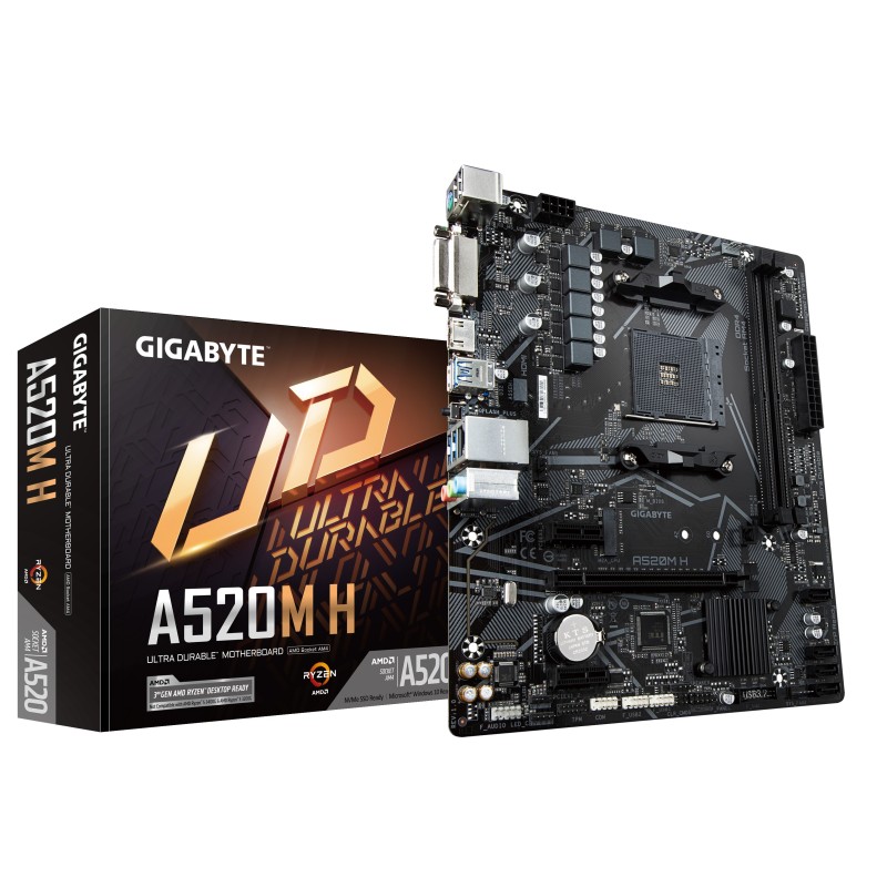 GIGABYTE Carte mère A520M H - Prend en charge les processeurs AMD Ryzen série 5000 AM4, VRM numérique pur 4+3 phases, jusqu'à