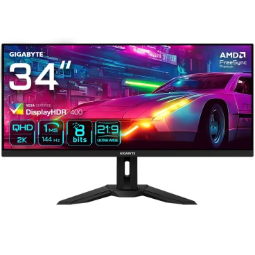 GIGABYTE M34WQ Moniteur de jeu 34” WQHD - 3440x1440 (WQHD), 144Hz, 1ms, 400 cd m2, FreeSync Premium, Display HDR400, HDMI 2.0,