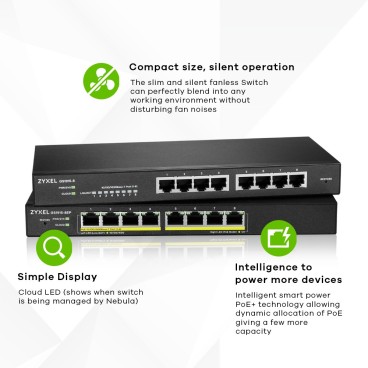 Zyxel GS1915-8EP Géré L2 Gigabit Ethernet (10 100 1000) Connexion Ethernet, supportant l'alimentation via ce port (PoE) Noir