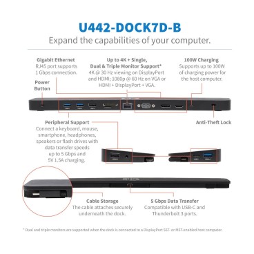 Tripp Lite U442-DOCK7D-B station d'accueil Avec fil USB 3.2 Gen 1 (3.1 Gen 1) Type-C Noir