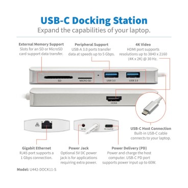 Tripp Lite U442-DOCK11-S station d'accueil USB 3.2 Gen 2 (3.1 Gen 2) Type-C Argent