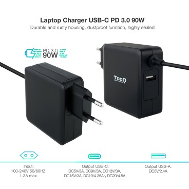 TooQ TQLC-USBC90PD adaptateur de puissance & onduleur Auto 90 W Noir