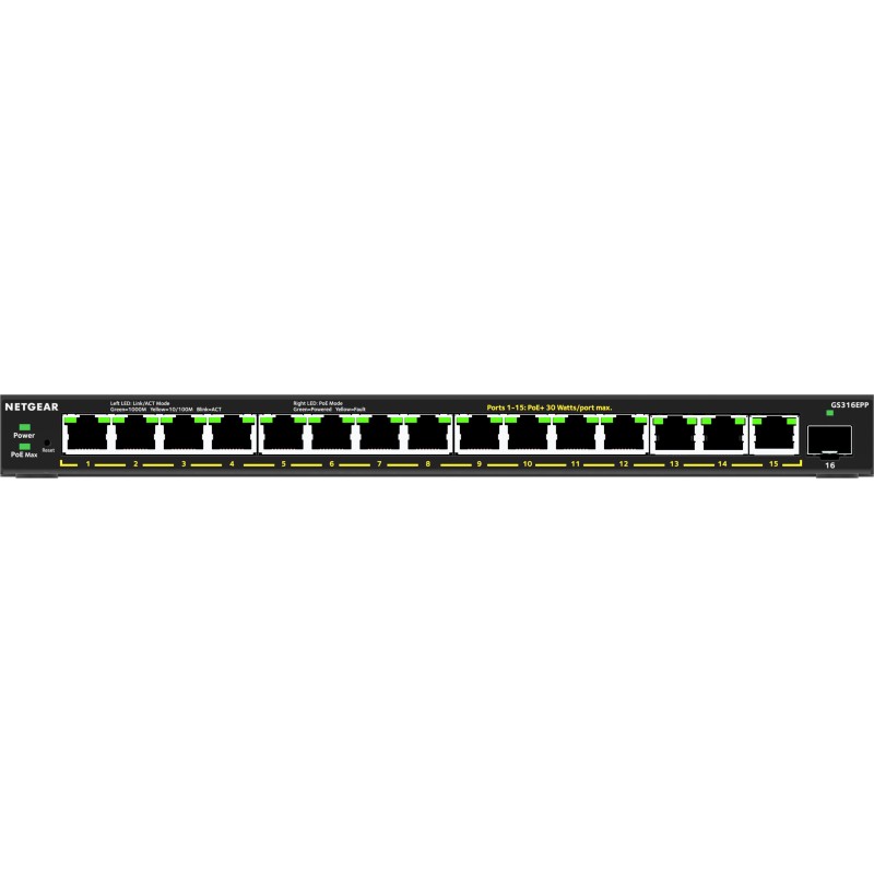 NETGEAR 16-Port High-Power PoE+ Gigabit Ethernet Plus Switch (231W) with 1 SFP port (GS316EPP) Géré Gigabit Ethernet