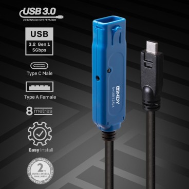 Lindy 43381 câble USB USB 3.2 Gen 1 (3.1 Gen 1) 8 m USB C USB A Noir, Bleu