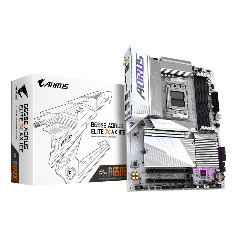 GIGABYTE B650E AORUS ELITE X AX ICE Carte mère - AMD Ryzen série 9000, VRM 12+2+2 phases, jusqu'à 8000 MHz DDR5 (OC), 1xPCIe