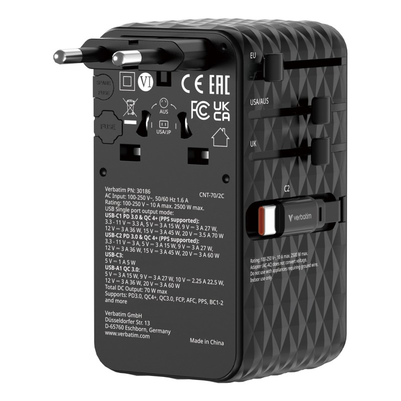 Verbatim Charge 'n' Travel 70W Universel Noir Secteur Charge rapide Intérieure