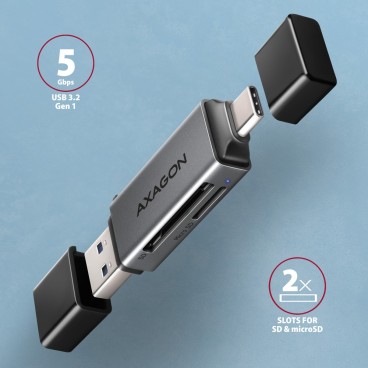 Axagon CRE-DAC USB-C+ USB-A 5 Gbps MINI card reader 2-slot & lun SD microSD lecteur de carte mémoire USB 3.0 Type-A Type-C Gris