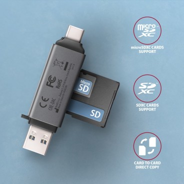 Axagon CRE-DAC USB-C+ USB-A 5 Gbps MINI card reader 2-slot & lun SD microSD lecteur de carte mémoire USB 3.0 Type-A Type-C Gris