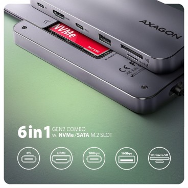 Axagon HMC-6GM2 USB 10Gbps hub USB-A USB-C HDMI M.2 SD mSD PD 100W USB-C Avec fil USB 3.2 Gen 2 (3.1 Gen 2) Type-C Gris