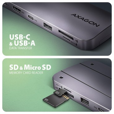 Axagon HMC-6GM2 USB 10Gbps hub USB-A USB-C HDMI M.2 SD mSD PD 100W USB-C Avec fil USB 3.2 Gen 2 (3.1 Gen 2) Type-C Gris