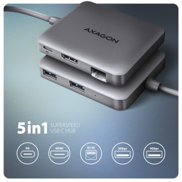 Axagon N HMC-5HL USB 5Gbps hub 2x USB-A HDMI 4k 60Hz RJ-45 GLAN PD 100W kabel USB-C Avec fil USB 3.2 Gen 1 (3.1 Gen 1) Type-C