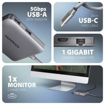 Axagon N HMC-5HL USB 5Gbps hub 2x USB-A HDMI 4k 60Hz RJ-45 GLAN PD 100W kabel USB-C Avec fil USB 3.2 Gen 1 (3.1 Gen 1) Type-C