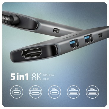 Axagon HMC-5H8K USB 5Gbps hub 2x USB-A USB-C HDMI 8k 30Hz PD 100W kabel USB-C Avec fil USB 3.2 Gen 1 (3.1 Gen 1) Type-C Gris