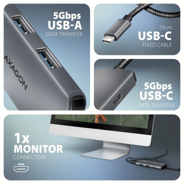 Axagon HMC-5H8K USB 5Gbps hub 2x USB-A USB-C HDMI 8k 30Hz PD 100W kabel USB-C Avec fil USB 3.2 Gen 1 (3.1 Gen 1) Type-C Gris