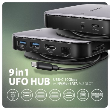 Axagon HMC-UFO USB-C Hub M.2 SATA NVMe 1 Gbit s Ethernet 384 kHz Audio Avec fil USB 3.2 Gen 2 (3.1 Gen 2) Type-C Noir