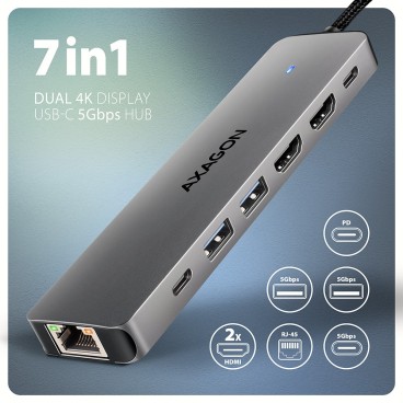 Axagon HMC-7HX2 station d'accueil Avec fil USB 3.2 Gen 1 (3.1 Gen 1) Type-C Gris