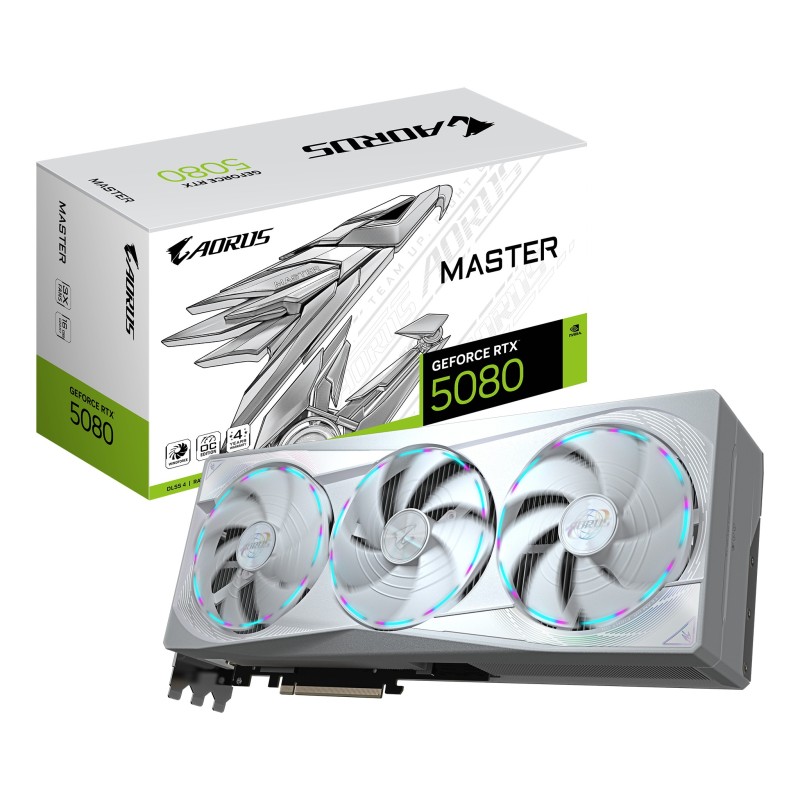 GIGABYTE AORUS GeForce RTX 5080 MASTER ICE 16G Carte Graphique - 16 Go GDDR7, 256 bits, PCI-E 5.0, 2805MHz Core Clock, 3 x DP