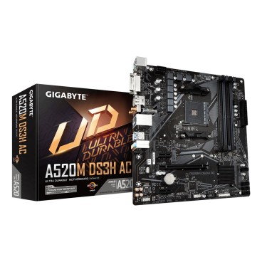 GIGABYTE A520M DS3H AC Carte Mère - Processeurs AMD Ryzen 5000 Series, VRM 5+3 phases, jusqu'à 4733 MHz DDR5 (OC), 1xPCIe 3.0