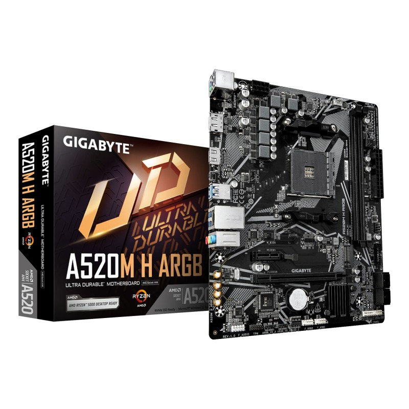 GIGABYTE A520M H ARGB Carte Mère – Compatible avec processeurs AMD Ryzen Série 5000, jusqu’à 5100 MHz DDR4 (OC), M.2 PCIe 3.0
