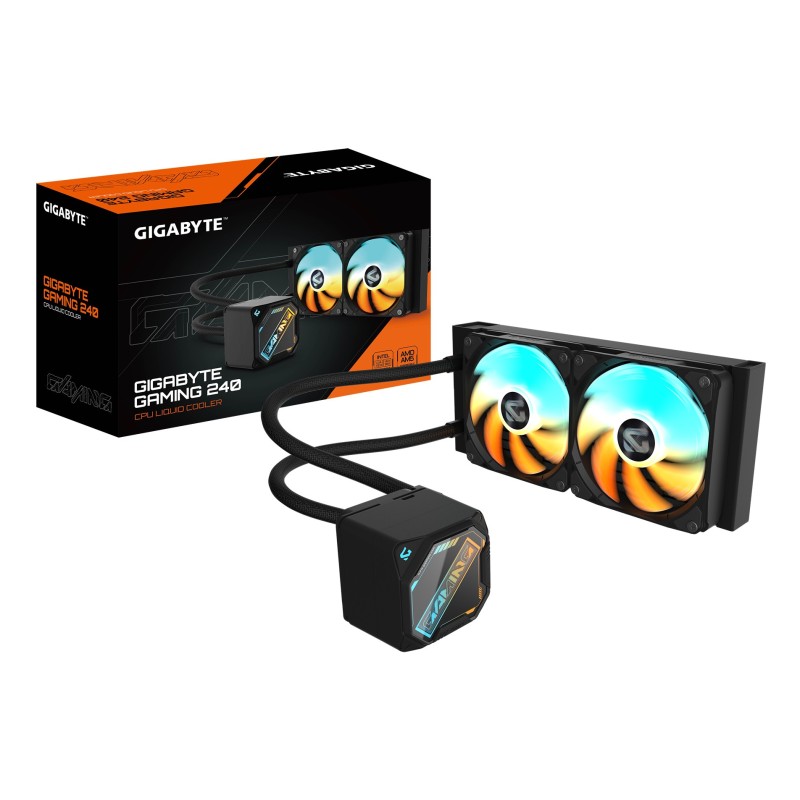 GIGABYTE GAMING 240 Refroidisseur Liquide pour CPU - 2x120mm Ventilateurs ARGB, mécanisme d’emboîtement coulissant,