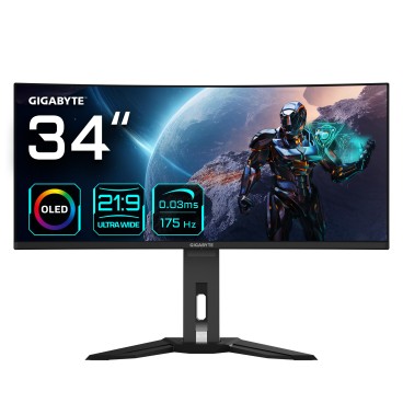 GIGABYTE Moniteur de jeu courbé OLED WQHD MO34WQC 34" - 3440 x 1440, 175Hz, 0.03ms, KVM, 250 cd m², FreeSync Premium Pro,
