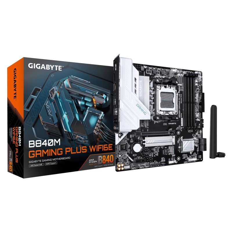 GIGABYTE B840M GAMING PLUS WIFI6E Carte Mère – Processeurs AMD Ryzen 9000, VRM 8+2+2 phases, jusqu’à 8200 MHz DDR5 (O.C.), 2×