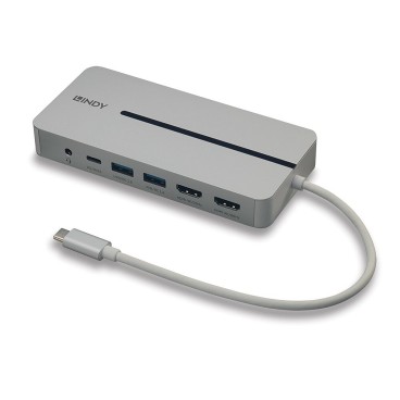 Lindy DST-Mx Duo, Mini Docking Station USB-C pour Laptop MacBook avec prise en charge 4K sur deux écrans et charge 100W