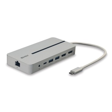 Lindy DST-Mx Duo, Mini Docking Station USB-C pour Laptop MacBook avec prise en charge 4K sur deux écrans et charge 100W