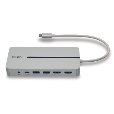Lindy DST-Mx Duo, Mini Docking Station USB-C pour Laptop MacBook avec prise en charge 4K sur deux écrans et charge 100W