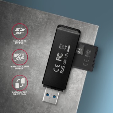 Axagon CRE-S2N lecteur de carte mémoire USB 3.2 Gen 1 (3.1 Gen 1) Type-A Noir
