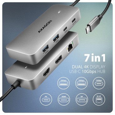 Axagon HUB USB HMC-CUB83X2, USB 10Gbps hub, 2x USB-A, USB-C, HDMI & DP 4k 144Hz, RJ-45 GLAN, PD 100W, kabel USB-C 15cm Avec fil
