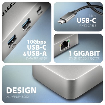 Axagon HUB USB HMC-CUB83X2, USB 10Gbps hub, 2x USB-A, USB-C, HDMI & DP 4k 144Hz, RJ-45 GLAN, PD 100W, kabel USB-C 15cm Avec fil