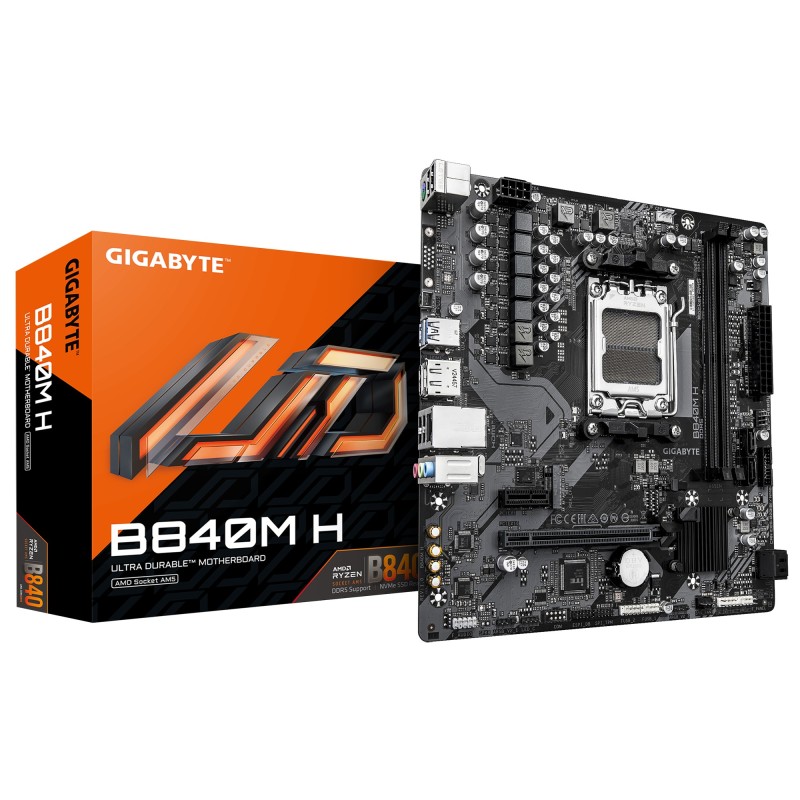 GIGABYTE B840M H Carte Mère - Processeurs AMD Ryzen 9000, VRM 5+2+2 phases, jusqu’à 7200MHz DDR5 (O.C), 1xPCIe 4.0 M.2, LAN